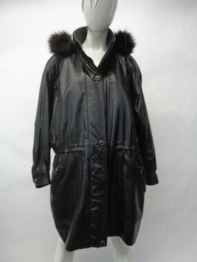 EXCELLENT BLACK LEATHER & RABBIT FUR JACKET COAT WOMEN WOMAN SIZE 10-12 W/HOOD